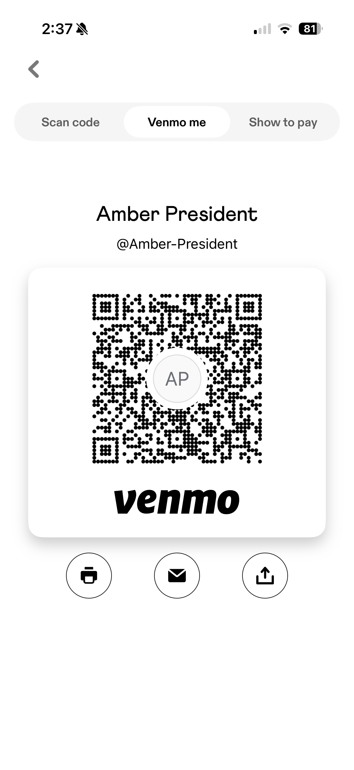 Venmo QR code for Amber President
